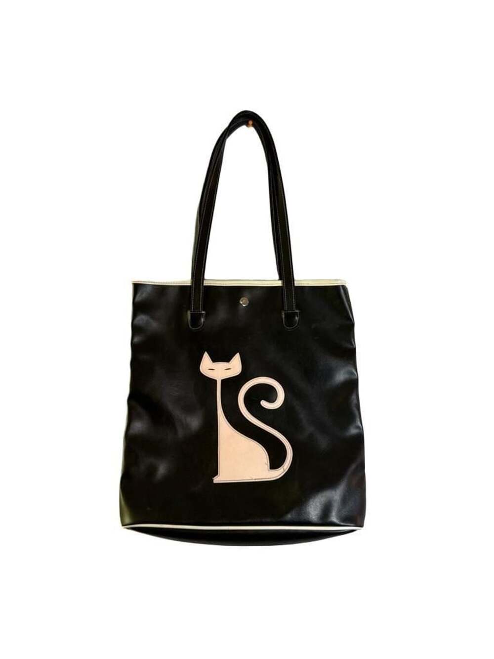 Atomic Black y2k Faux Leather Tote Bag with Pink Cat Applique